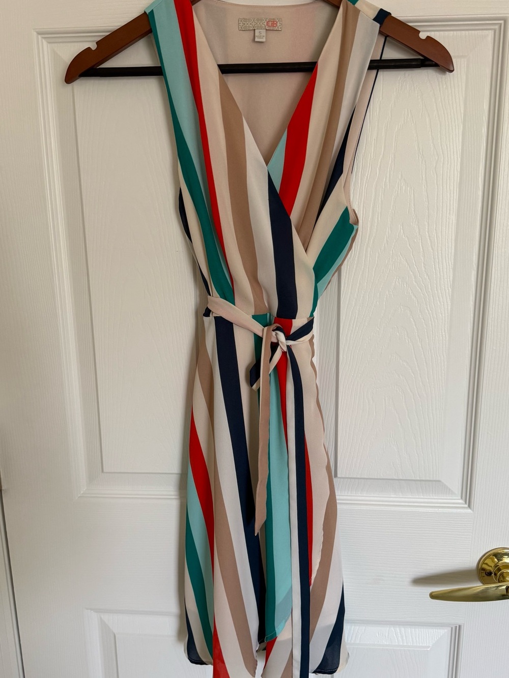 Gianni Bini Multi-Stripe Sleeveless Wrap Midi Dress in Beige, Teal & Red